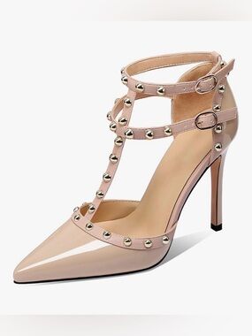 BRAND NEW - Women’s Blush Patent Pointed-Toe Stud T-Strap High Heel
